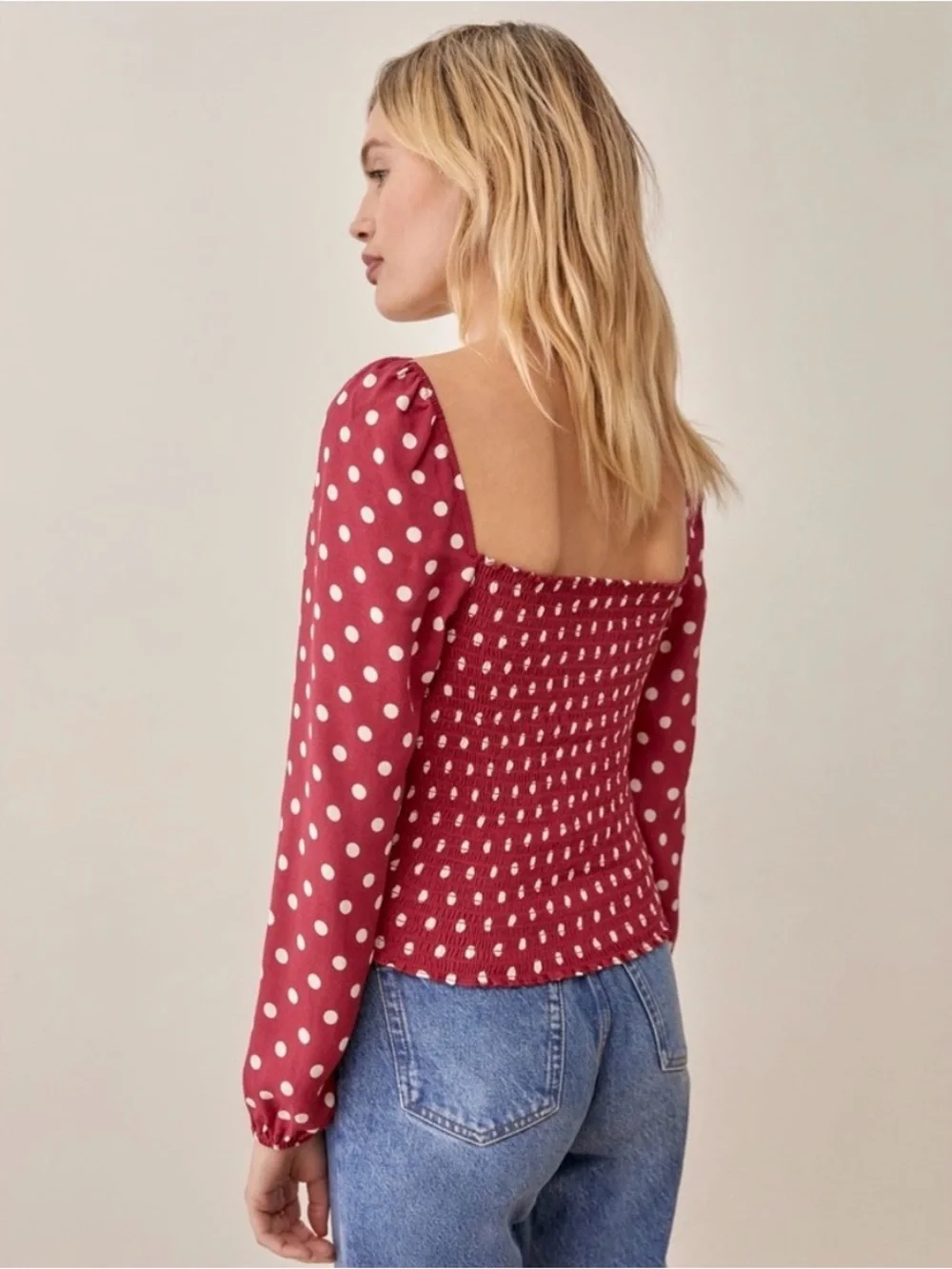Reformation Red Polka Dot Square-Neck Long Sleeve Top